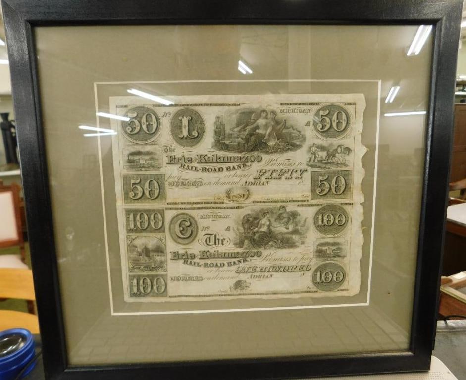 Vintage Framed Michigan "Erie Kalamazoo Railroad Bank" Notes $50 and $100 - 12" x 13.25" (1 of 10)