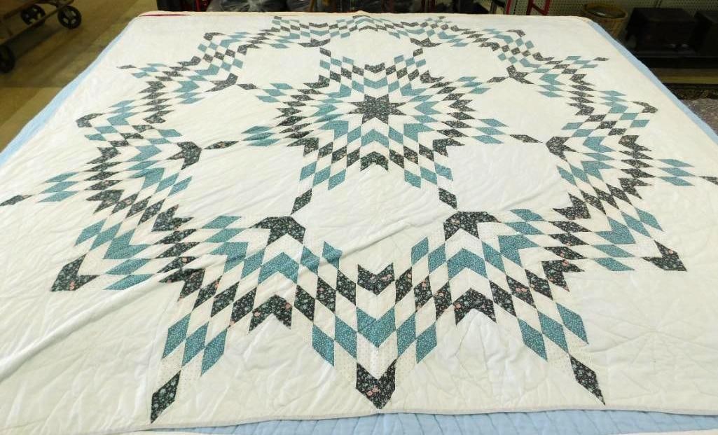 Vintage Hand Sewn Quilt - Star within a Star - 92" x 85": See Photos For Condition and Details