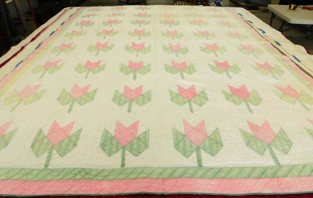 Vintage Hand Sewn Quilt - Tulips - 91" x 71" (1 of 9)