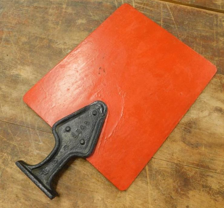 Vintage Metal Red Marker with Cast Iron Base - 12.75" x 8": See Photos For Condition and Details