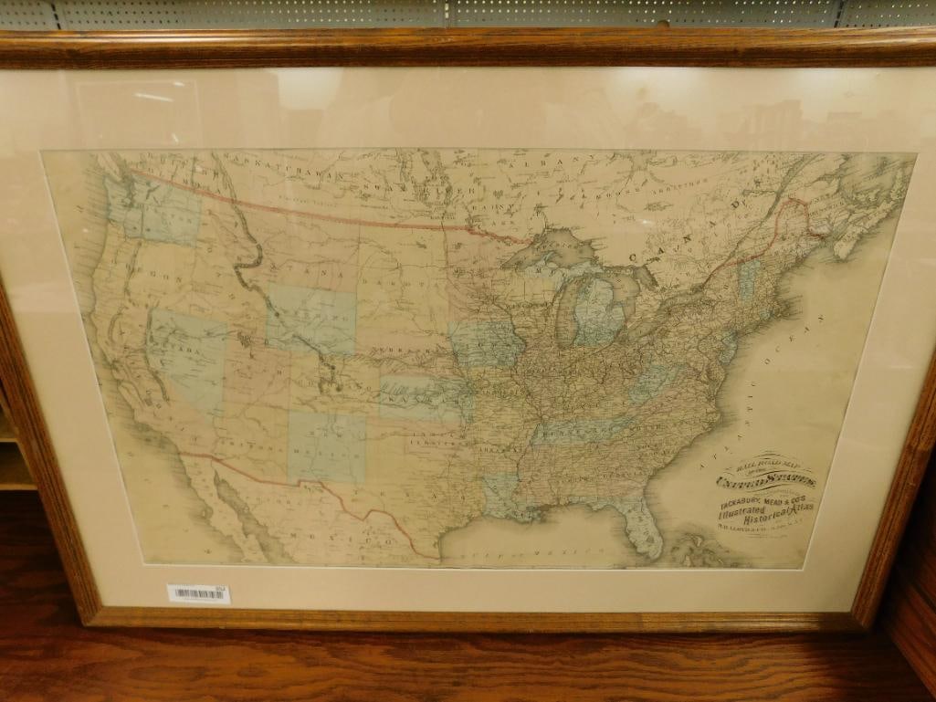 Framed H.H. Lloyd "Railroad Map of The United States" - Prepared For Tackabury Mead and Co.: 23" x 34" - See Photos For Condition and Details