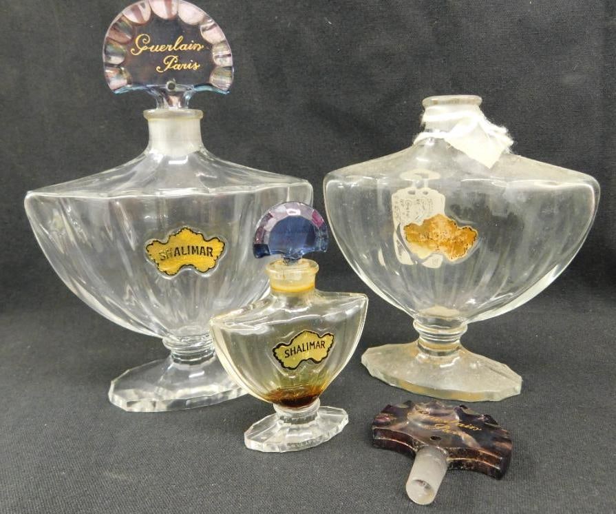 Group of 3 Guerlain Shalimar Perfume Bottles - Paris - Baccarat - 2 Complete: 1 Missing Stopper - 3" and 5.75" - Extra Stopper - See Photos For Details and Condition
