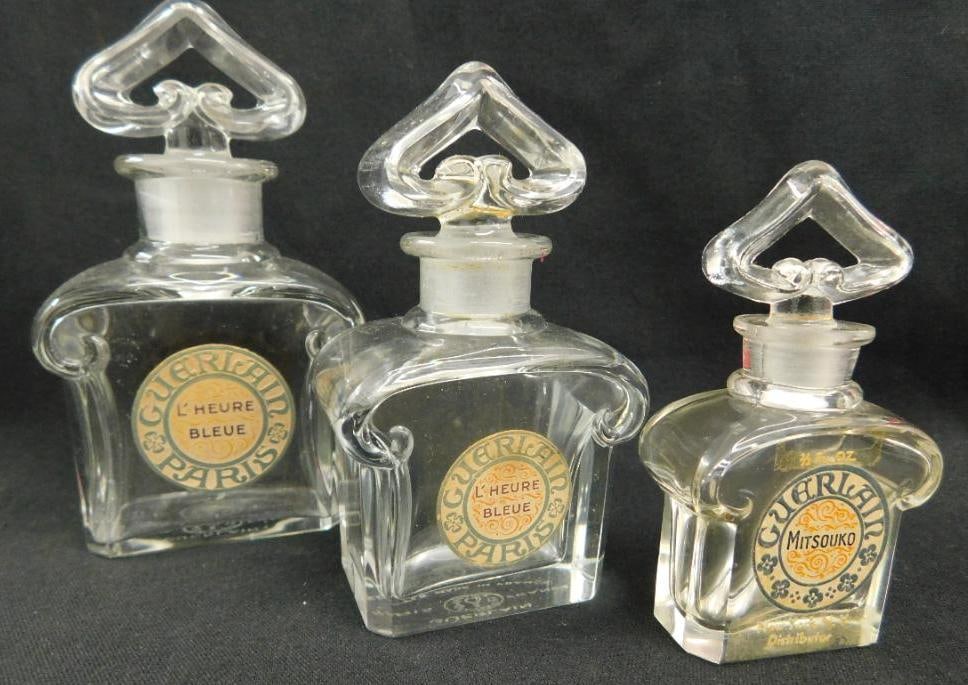 Group of 3 Guerlain Mitsouko Perfume Bottles - Paris - Baccarat - 3 Complete: 3.5" - 4" - 4.75" - See Photos For Details and Condition