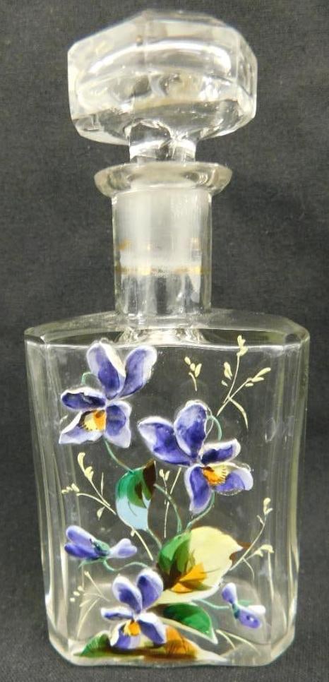 Vintage Thick Enameled Perfume Bottle With Glass Stopper - 5" Tall: See Photos For Details and Condition
