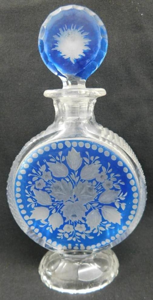 Vintage Blue Cut To Clear Perfume Bottle With Stopper - 7.75" Tall: See Photos For Details and Condition