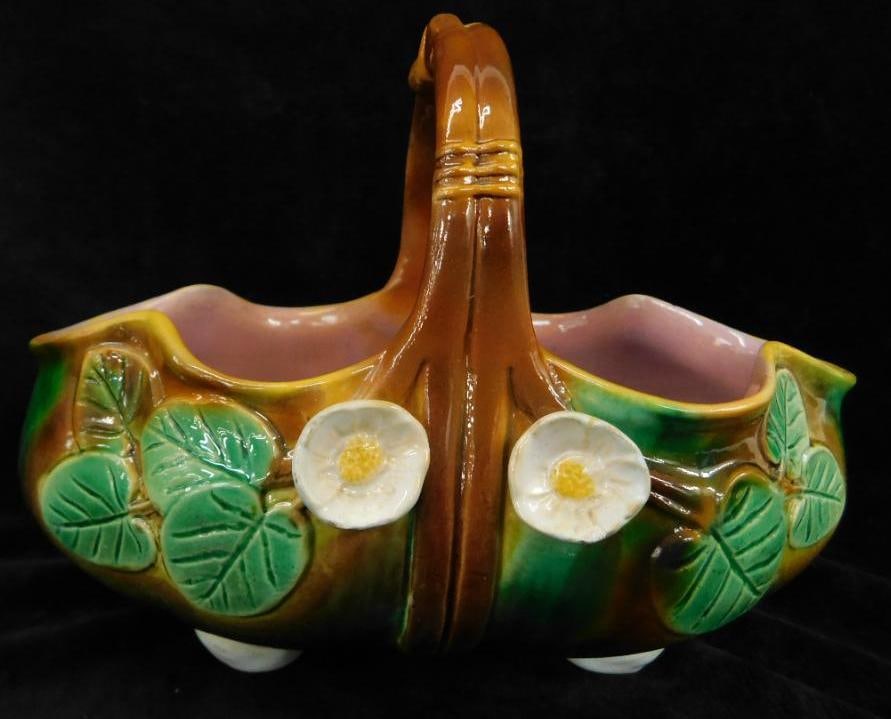 Vintage Majolica Footed Basket - Floral - 6.25" x 8" x 5" (1 of 8)