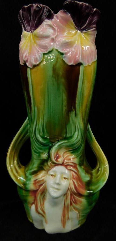 Vintage Art Nouveau Majolica Double Handled Vase - 9" x 4.5" x 3.25": See Photos For Details and Condition