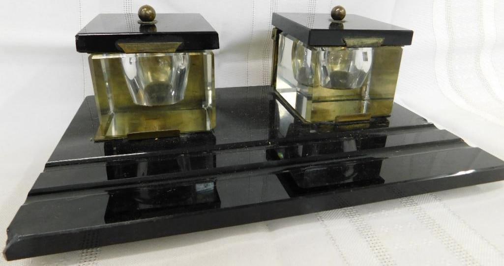 Art Deco Inkwell Stand - Black Glass - Couple of Chips - 3.5" x 9" x 6" (1 of 10)