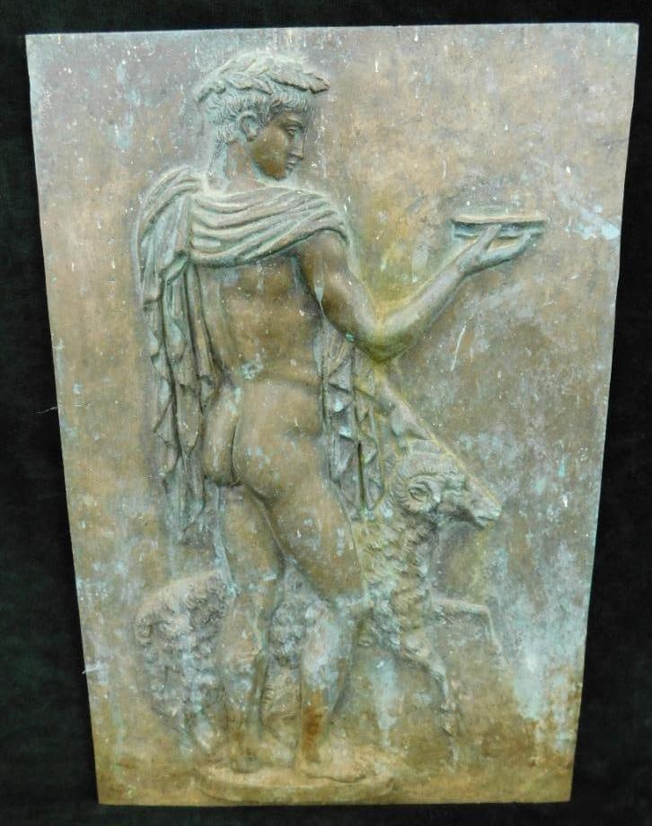 Vintage Embossed Heavy Metal Plaque - Male Greek/Roman God and Ram - 15.25" x 10": See Photos For Details and Condition