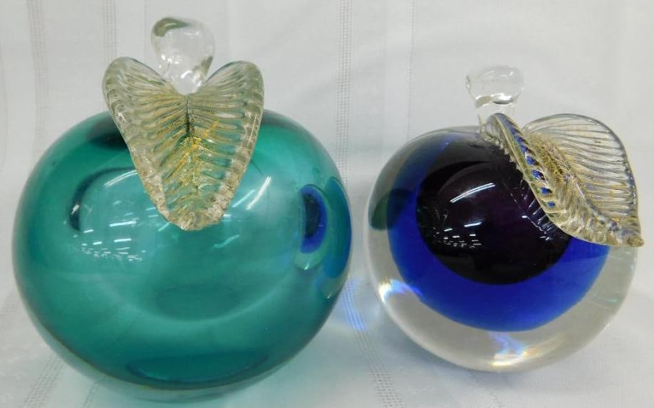 Vintage Murano Glass Cobalt and Light Blue Apple Paperweights -Each 4.5" Tall: See Photos For Details and Condition