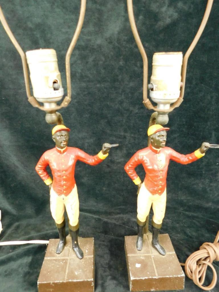 Pair of Vintage Cast Metal "Lawn Jockey" Lamps - Different Finials - 20" Tall (1 of 10)