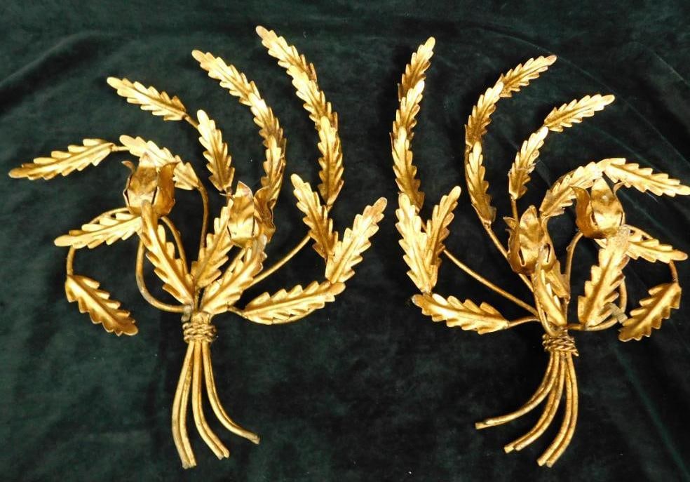 Pair of Mid Century Italian Gilded Metal 2 Candle Sconces - Each 14" x 10": See Photos For Details and Condition