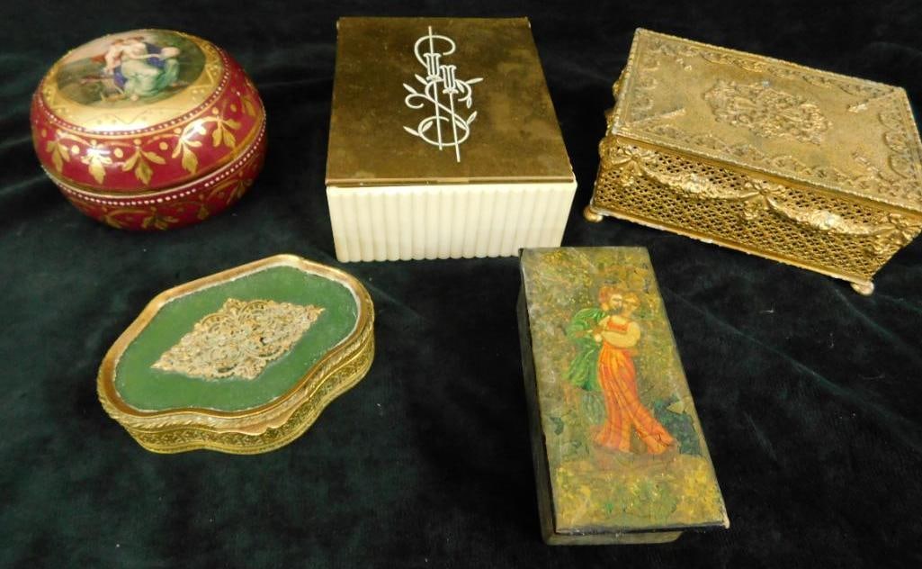 Box Lot with 5 Misc. Dresser Boxes - Brass - Porcelain - Lacquer - Celluloid - Bee Hive Sevre (1 of 20)