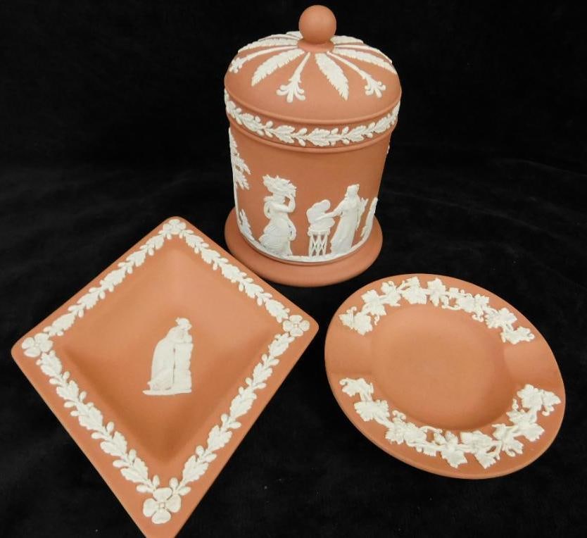 Lot of 3 Terra Cotta Wedgwood Jasperware - 2 Trays - 1 Covered Jar: See Photos For Details and Condition