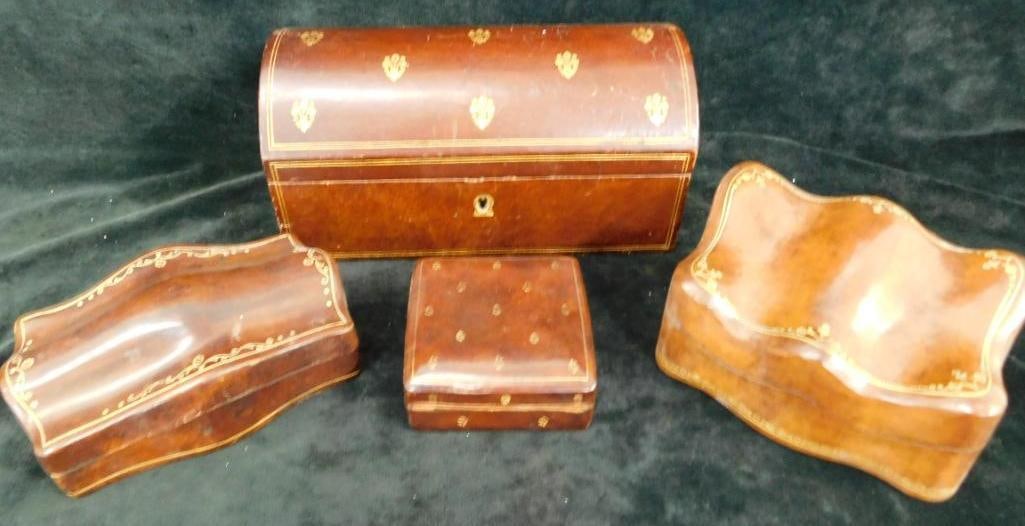 Box Lot with 4 Leather Boxes - Largest Is 4" x 8" x 4": See Photos For Details and Condition