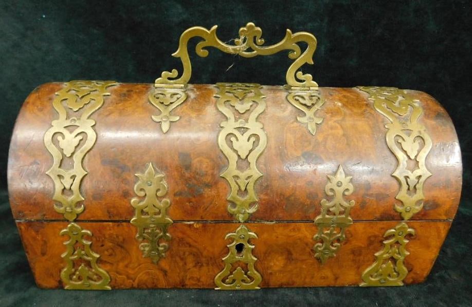 Vintage Dome Top Burl Wood Box With Brass Decoration - 4.5" x 10" x 4.5" (1 of 9)