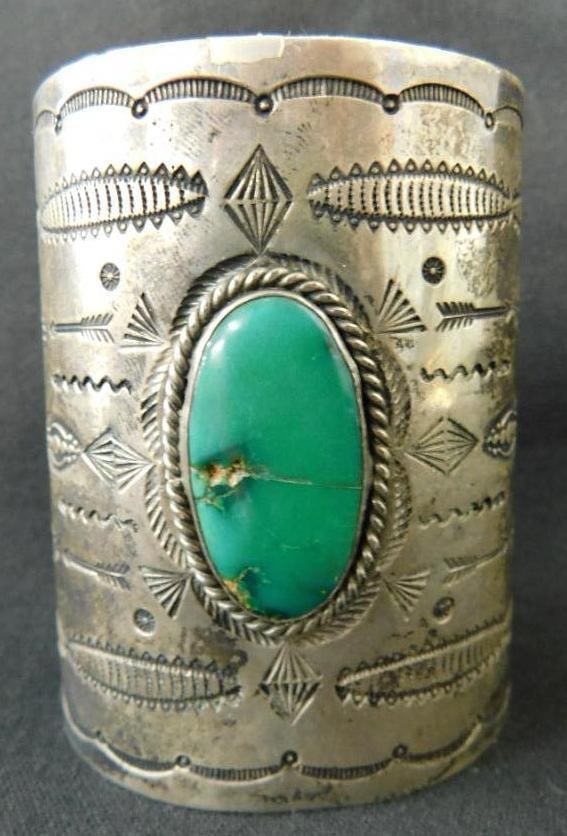 Sterling Silver - Cuff Bracelet - Turquoise - Oversized - 93 Grams - Stone Cracked (1 of 6)