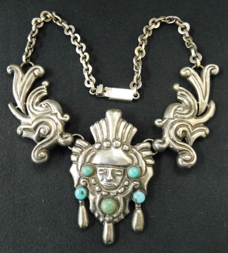 Sterling Silver - Statement Necklace - Turquoise - Mexico - 14" - 83 Grams (1 of 9)