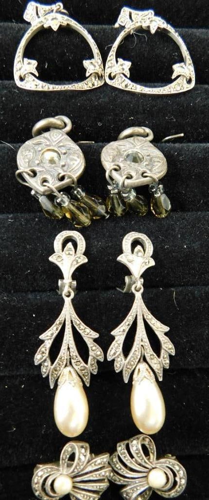 Sterling Silver - 4 Pairs of Marcasite Earrings - 36 Grams TW: See Photos For Details and Condition