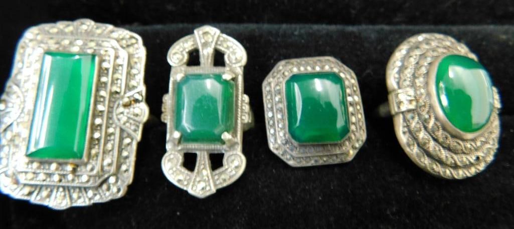 Sterling Silver - 4 Rings - Chrysoprase - Sizes 3-4-5-8 - 26 Grams TW: See Photos For Details and Condition