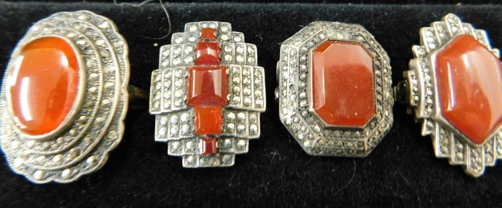 Sterling Silver - 4 Rings - Carnelian - Sizes 5-6-6-7 - 1 Broken Band - 26 Grams TW: See Photos For Details and Condition