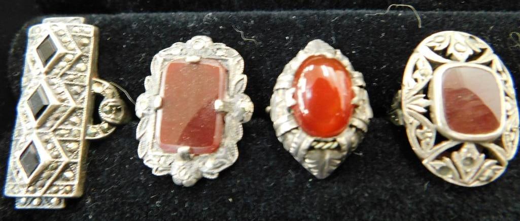 Sterling Silver - 4 Rings - Onyx - Carnelian - Plus - Sizes 3-5-5-5 - 19 Grams TW: See Photos For Details and Condition