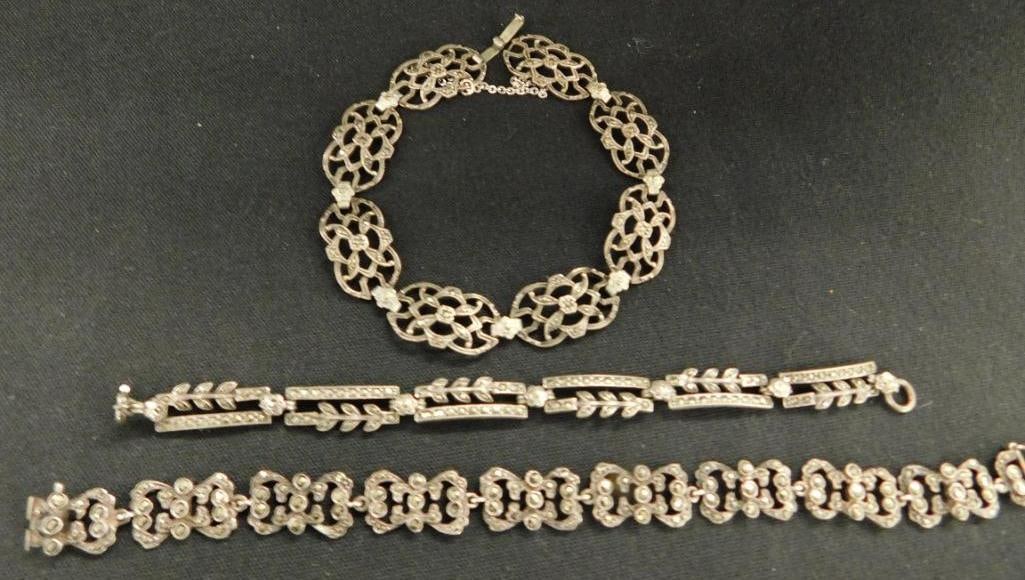 Sterling Silver - 3 Marcasite Necklaces - 36 Grams TW: See Photos For Details and Condition