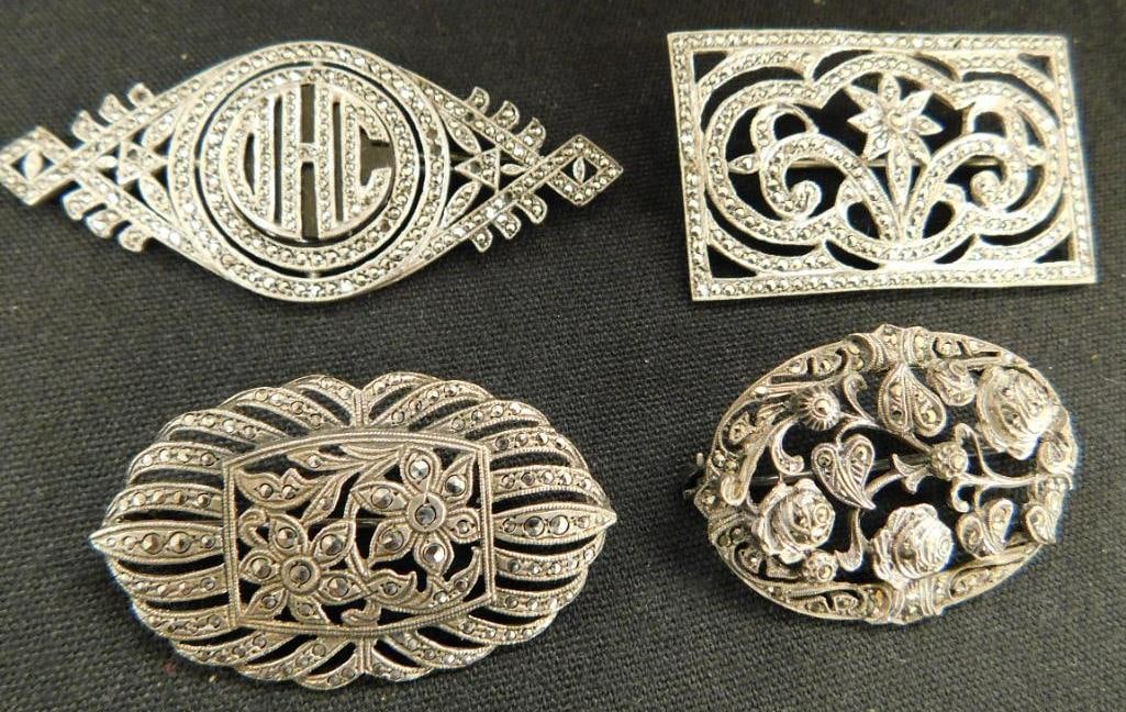 Sterling Silver - 4 Marcasite Brooches - 37 Grams TW: See Photos For Details and Condition