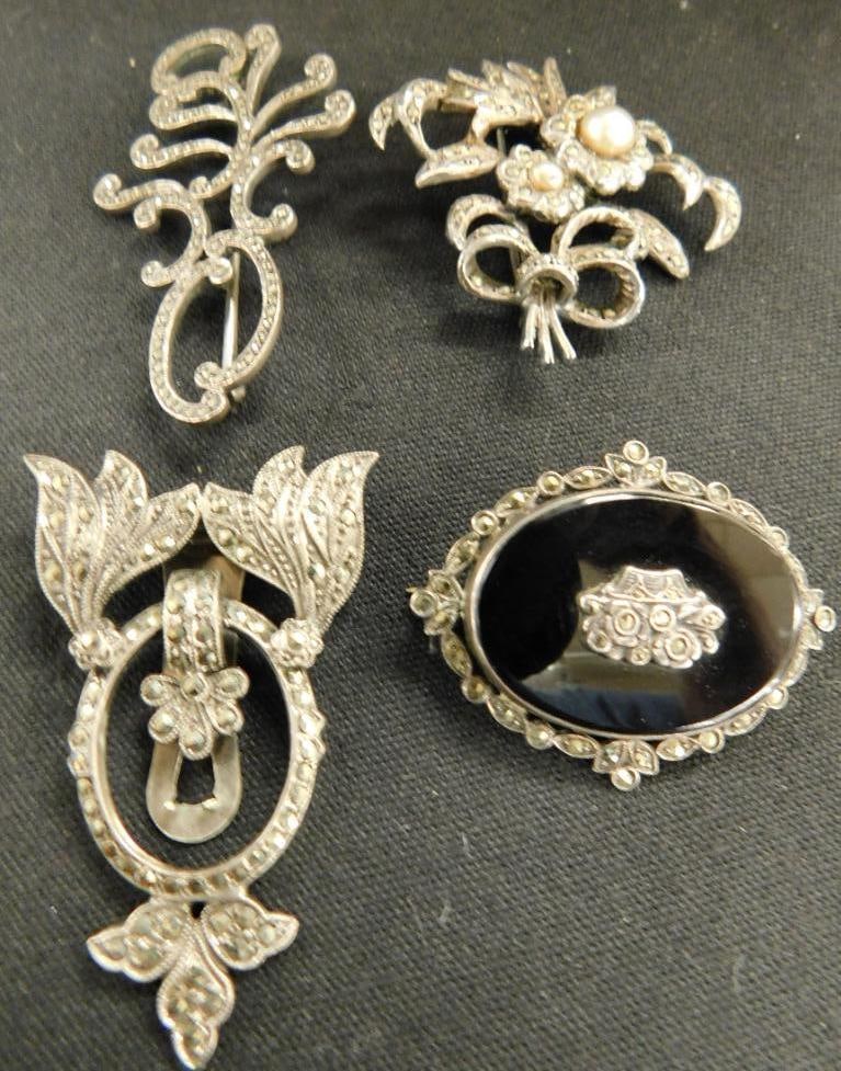 Sterling Silver - 4 Marcasite Brooches - 38 Grams TW: See Photos For Details and Condition