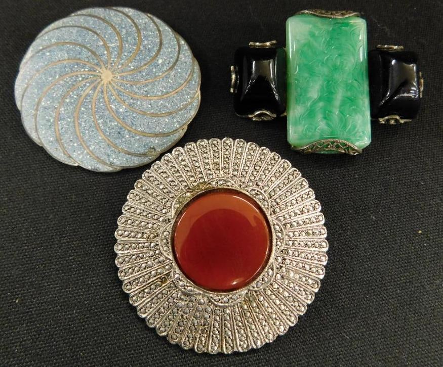 Sterling Silver - 3 Brooches - Jade and Onyx - Agate - Carnelian and Marcasite - 51 Grams TW: See Photos For Details and Condition