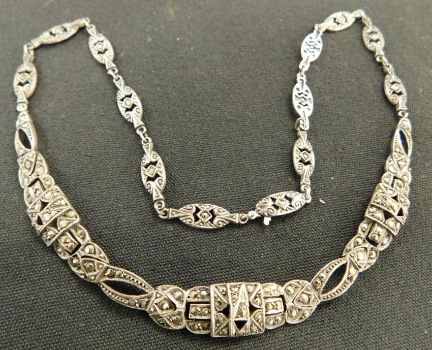 Sterling Silver - Marcasite Necklace - 15" - 25 Grams TW: See Photos For Details and Condition