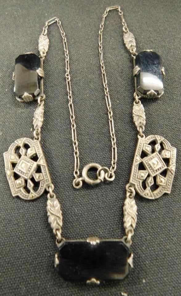 Sterling Silver - Marcasite and Onyx Necklace - 14" - 15 Grams TW: See Photos For Details and Condition