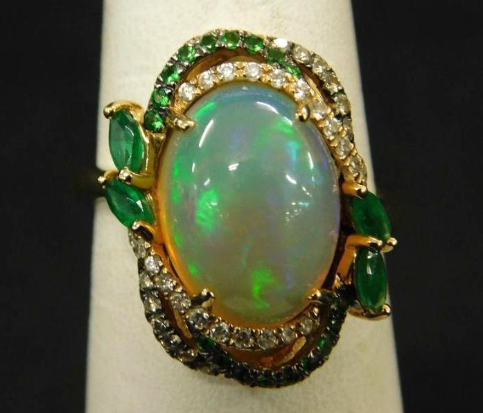 14K Yellow Gold Ring - Fancy Opal - Emerald and Diamond - Size 7 - 6 Grams TW - See Appraisal (1 of 10)