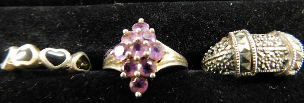 Sterling Silver - 3 Rings - Amethyst - Marcasite - Onyx - Sizes 3-7-10 - 14 Grams TW (1 of 7)