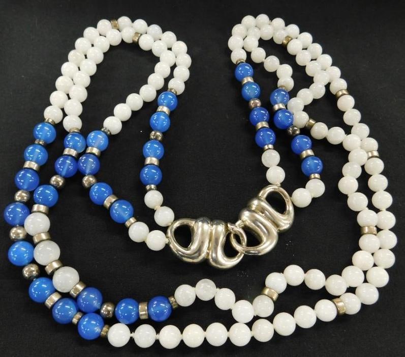 Sterling Silver - Charles Krypell - White and Blue Bead Necklace - 34": See Photos For Details and Condition