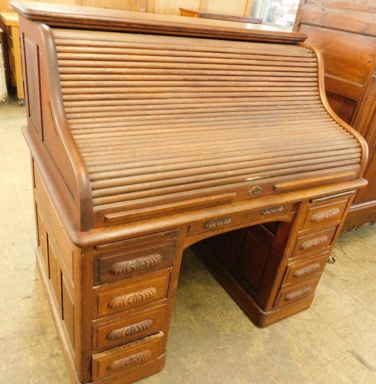 Oak Paneled S Roll Top Desk - 51" x 50" x 36": See Photos For Details and Condition