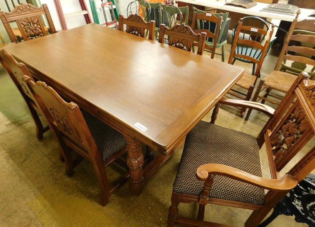 7 Piece - Refractory Pull Out Leaf Walnut Dining Table - Carved Base - Carved Chairs (1 of 19)