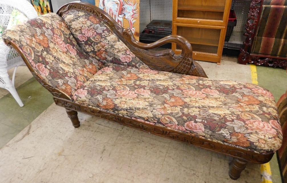 Vintage Fainting Couch with Carved Swan Back - 35.5" x 72" x 20": See Photos For Condition and Details