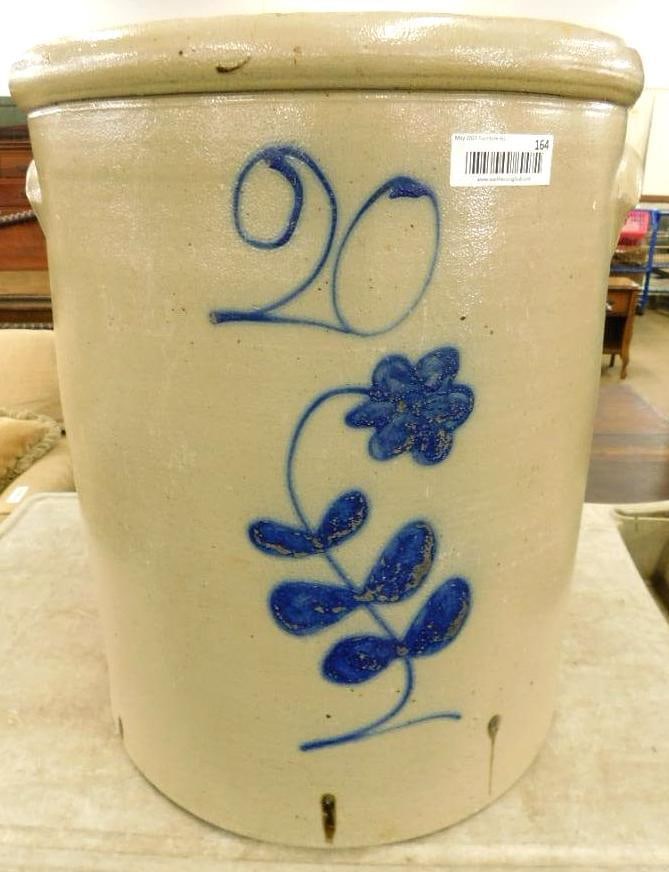 20 Gallon Red Wing Lily Pattern Cobalt Decorated Crock -no chips or cracks 22.5" tall x 18" diameter (1 of 10)