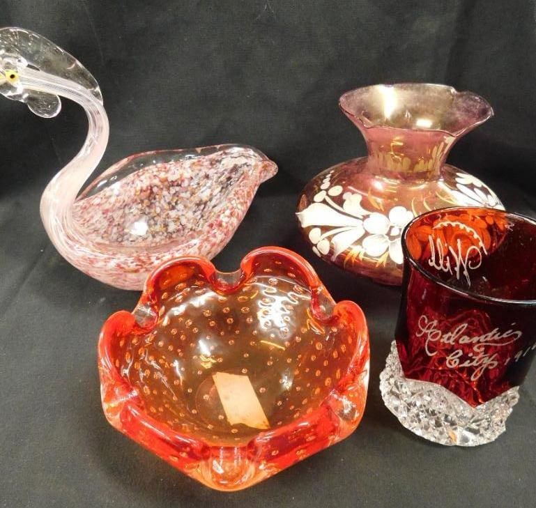 Box Lot with Vintage Blown Glass - 2 Murano - 1 Painted - 1 Ruby Flashed - 2" to 7" Tall: See Photos For Condition and Details