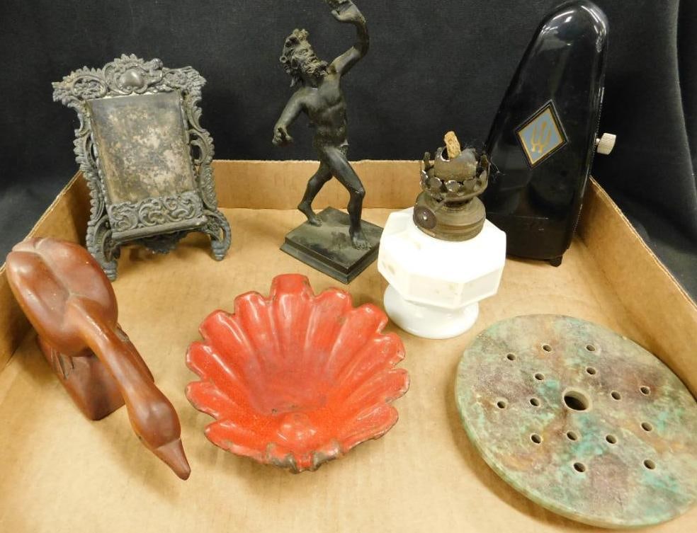 German Tactell Metronome - Pottery Flower Frog - Carved Wood Goose - Milk Glass Oil Lamp (1 of 14)