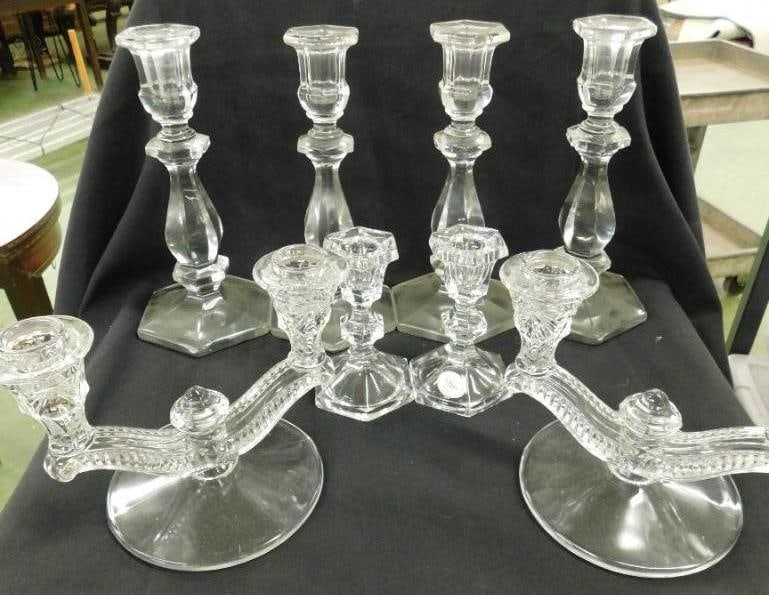 Lot of 4 Pairs of Clear Glass Taper Candle Holders - 4.5" - 5.5" and 9" Tall: See Photos For Condition and Details