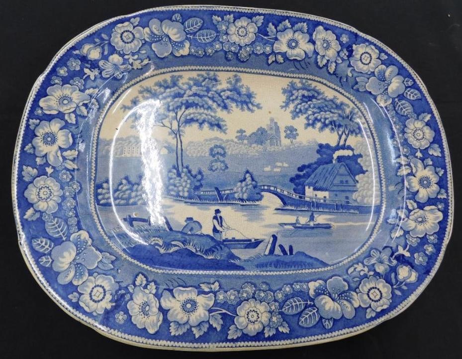 Large Vintage Blue Ware Transfer Platter - 18" x 14.25" (1 of 12)