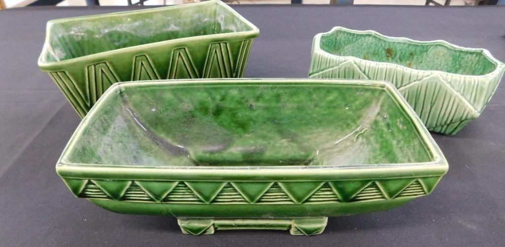 Group of 2 Unmarked 1 Marked McCoy Green Glaze Planters - 4" x 8.5" x 5" - 3.5" x 9.5" x 4.5" (1 of 10)