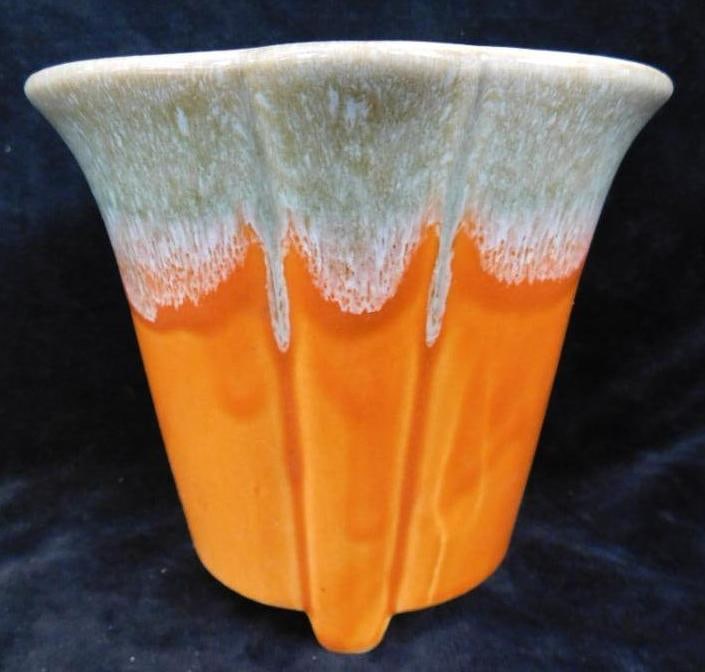 Unmarked Pottery Planter - Orange and Drip Glaze - 5.25" x 6": See Photos For Condition and Details