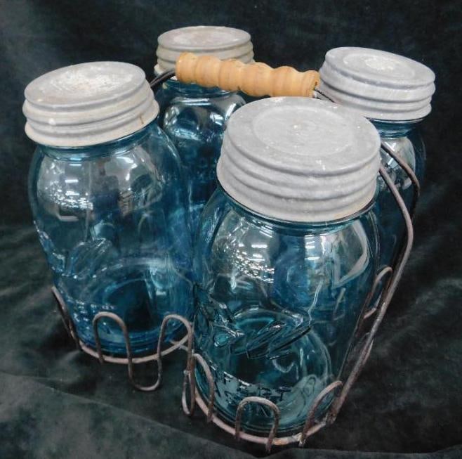 4 Blue Ball "Perfect Mason" Canning Jars with Lids and Rack - Each 7" Tall (1 of 13)