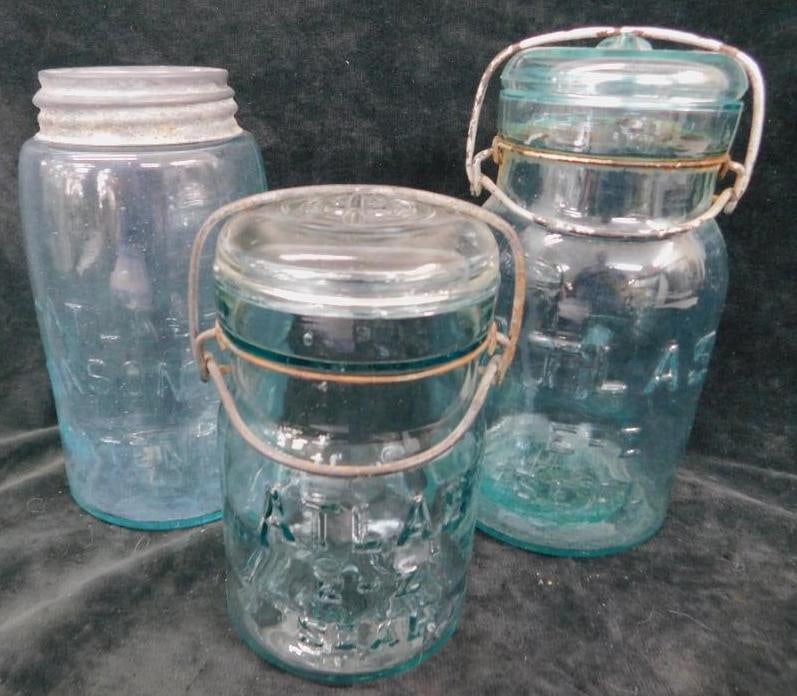 3 Atlas Masons Blue Glass Canning Jars with Lids - 7.5" - 7" and 5.5" Tall: #10 - #6 or 9 - 1 Unmarked On The Bottom - See Photos For Condition and Details