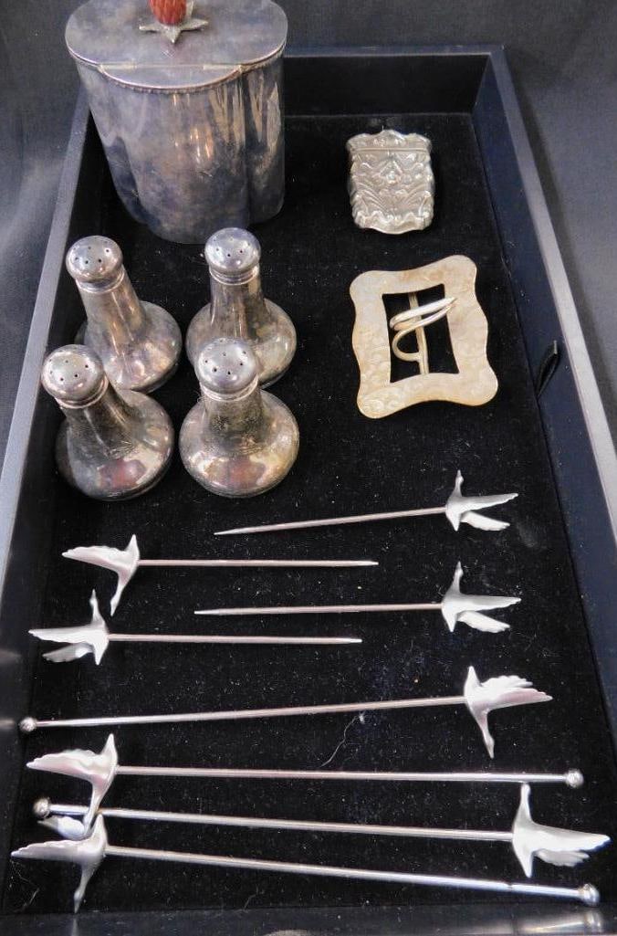 Tray Lot - Silver Plate Misc. Items - Goose Skewers - Hinged Container - S&P Shakers (1 of 14)