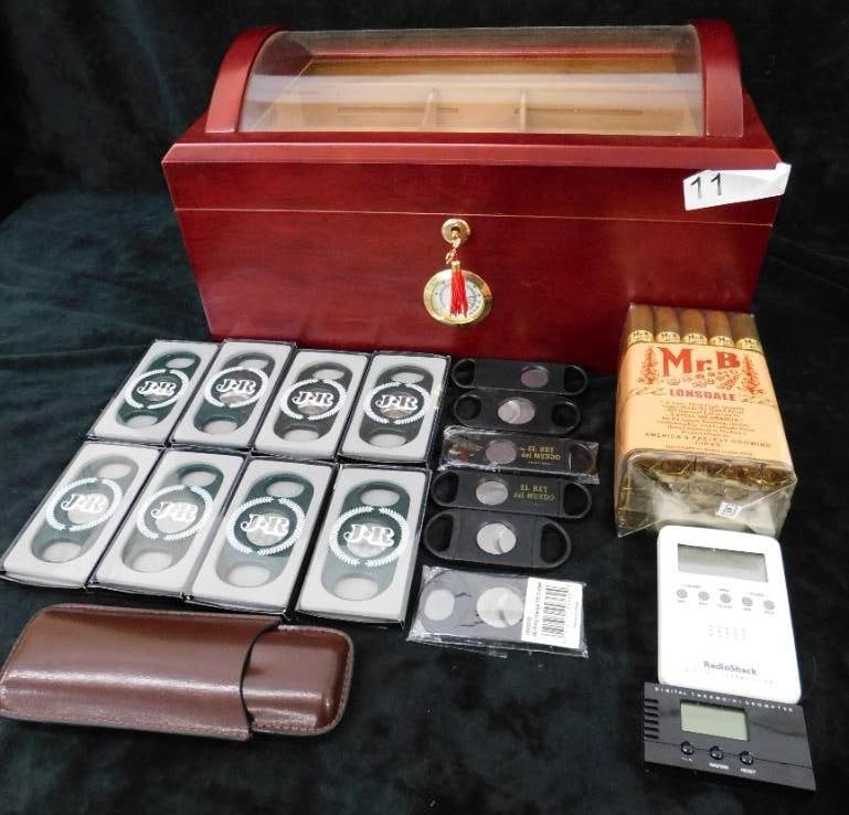 Beautiful Cigar Humidor with All The Parts - Multiple Cutters - Thermo Hygrometers: Two Cigar Carrier - 8.5" x 16" x 10" - See Photos For Condition and Details