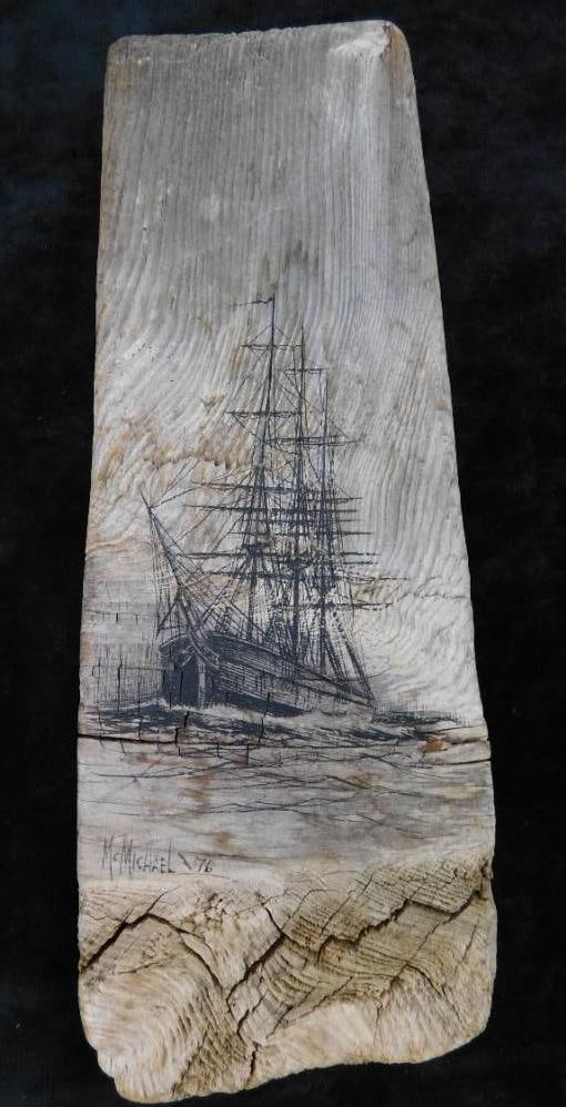 1976 Burned Wood Art - Sailing Ship - Signed McMichael - Wall Hung - 11" x 3.5" x 1.75": See Photos For Condition and Details